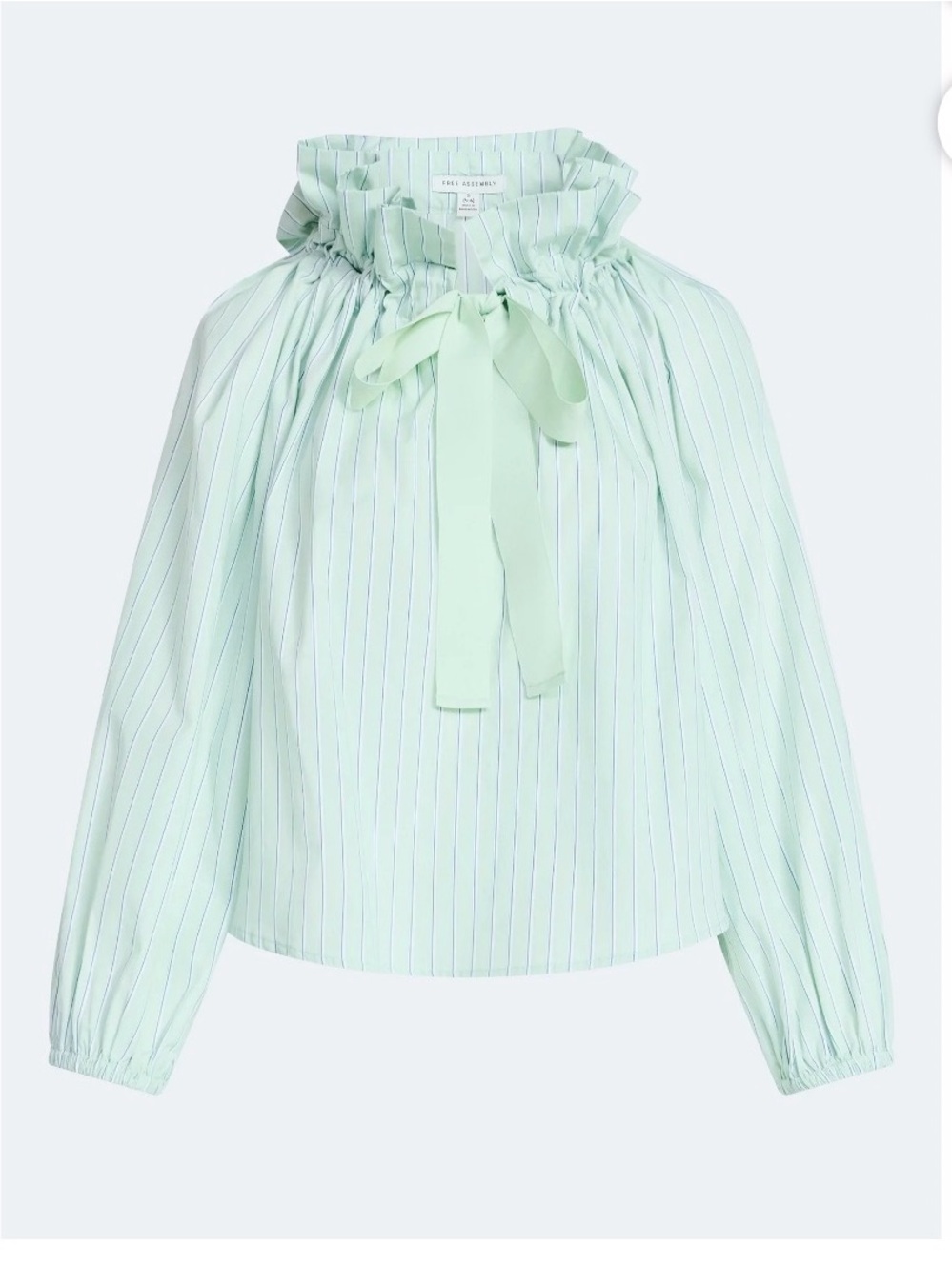 NWT Women’s Ruffle Tie Neck Puff Sleeve Blouse in Mint Green Pinstripe
